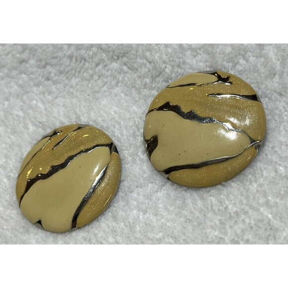 Vintage Rare Animal Print Earrings Enamel Round Beige Silver Spring 80s - Picture 3 of 7